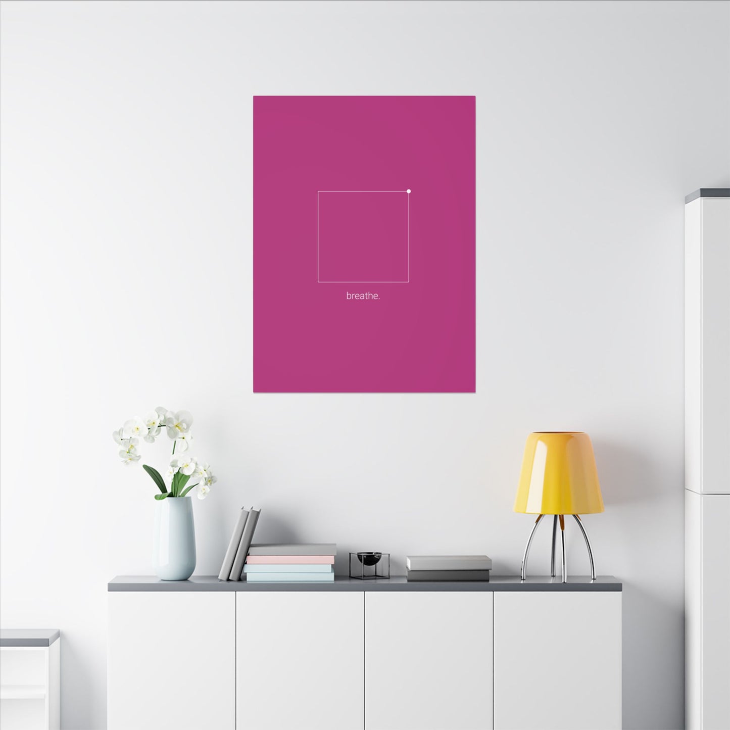 "breathe." — Calm Mind Box Breathing Canvas Wall Art — Magenta Square Meditation Print
