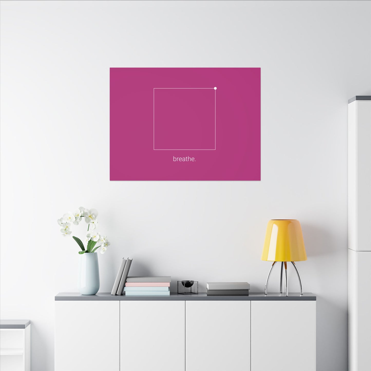 "breathe." — Calm Mind Box Breathing Canvas Wall Art — Magenta Square Meditation Print