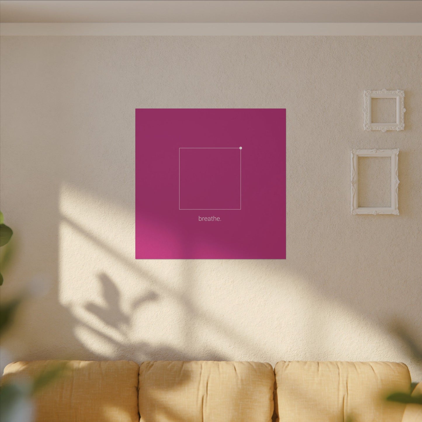 "breathe." — Calm Mind Box Breathing Canvas Wall Art — Magenta Square Meditation Print