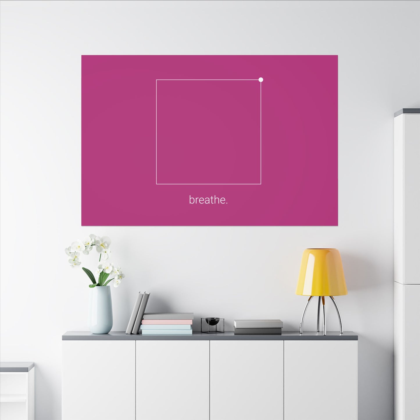 "breathe." — Calm Mind Box Breathing Canvas Wall Art — Magenta Square Meditation Print