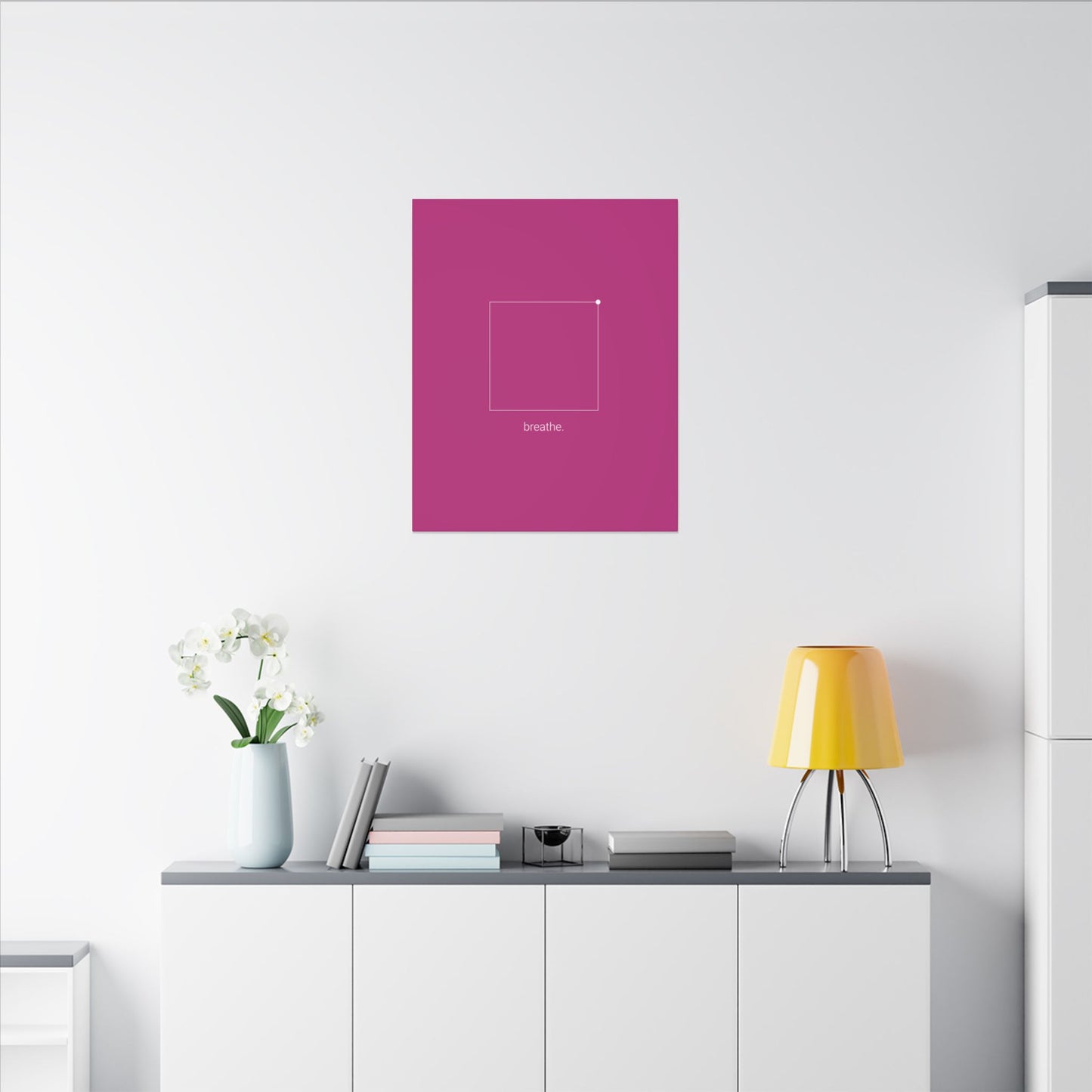 "breathe." — Calm Mind Box Breathing Canvas Wall Art — Magenta Square Meditation Print