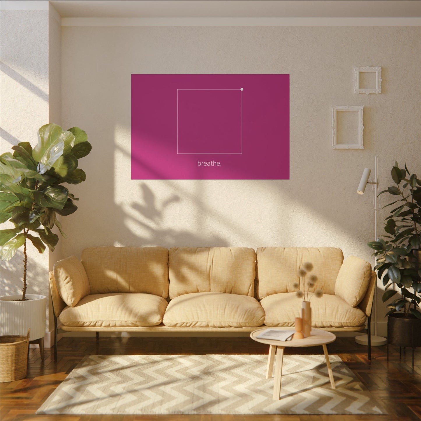 "breathe." — Calm Mind Box Breathing Canvas Wall Art — Magenta Square Meditation Print