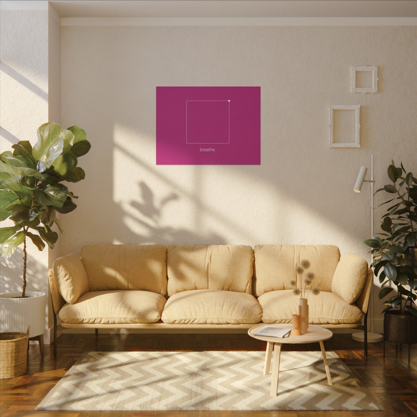 "breathe." — Calm Mind Box Breathing Canvas Wall Art — Magenta Square Meditation Print