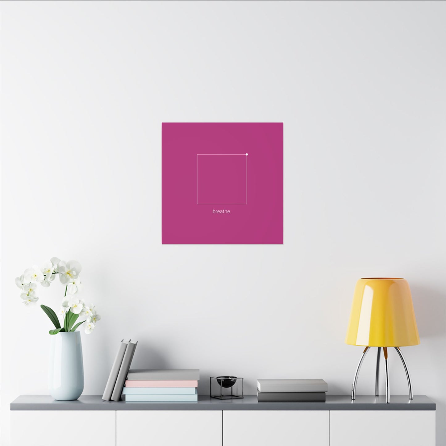 "breathe." — Calm Mind Box Breathing Canvas Wall Art — Magenta Square Meditation Print