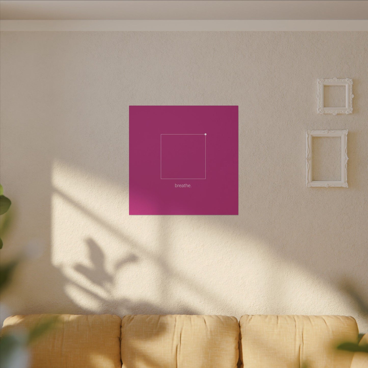 "breathe." — Calm Mind Box Breathing Canvas Wall Art — Magenta Square Meditation Print