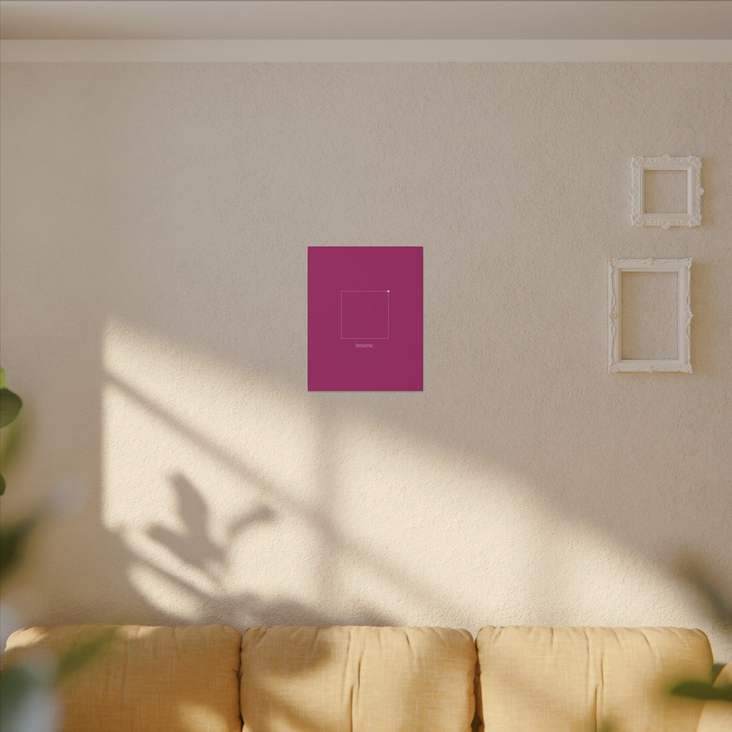 "breathe." — Calm Mind Box Breathing Canvas Wall Art — Magenta Square Meditation Print