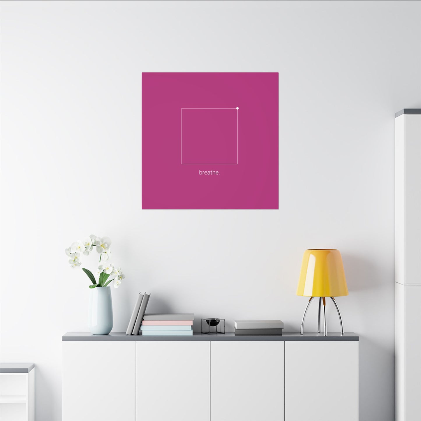 "breathe." — Calm Mind Box Breathing Canvas Wall Art — Magenta Square Meditation Print