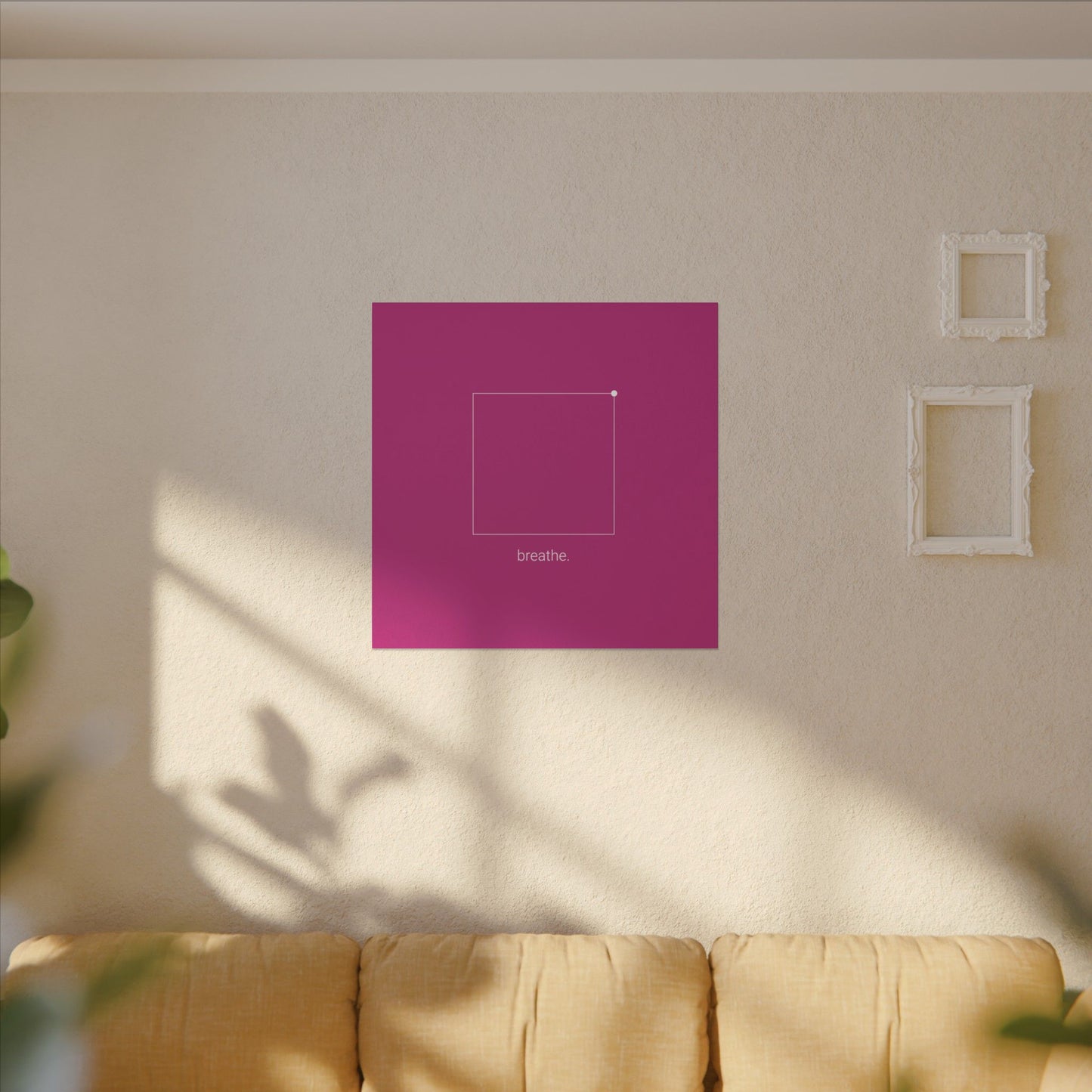"breathe." — Calm Mind Box Breathing Canvas Wall Art — Magenta Square Meditation Print