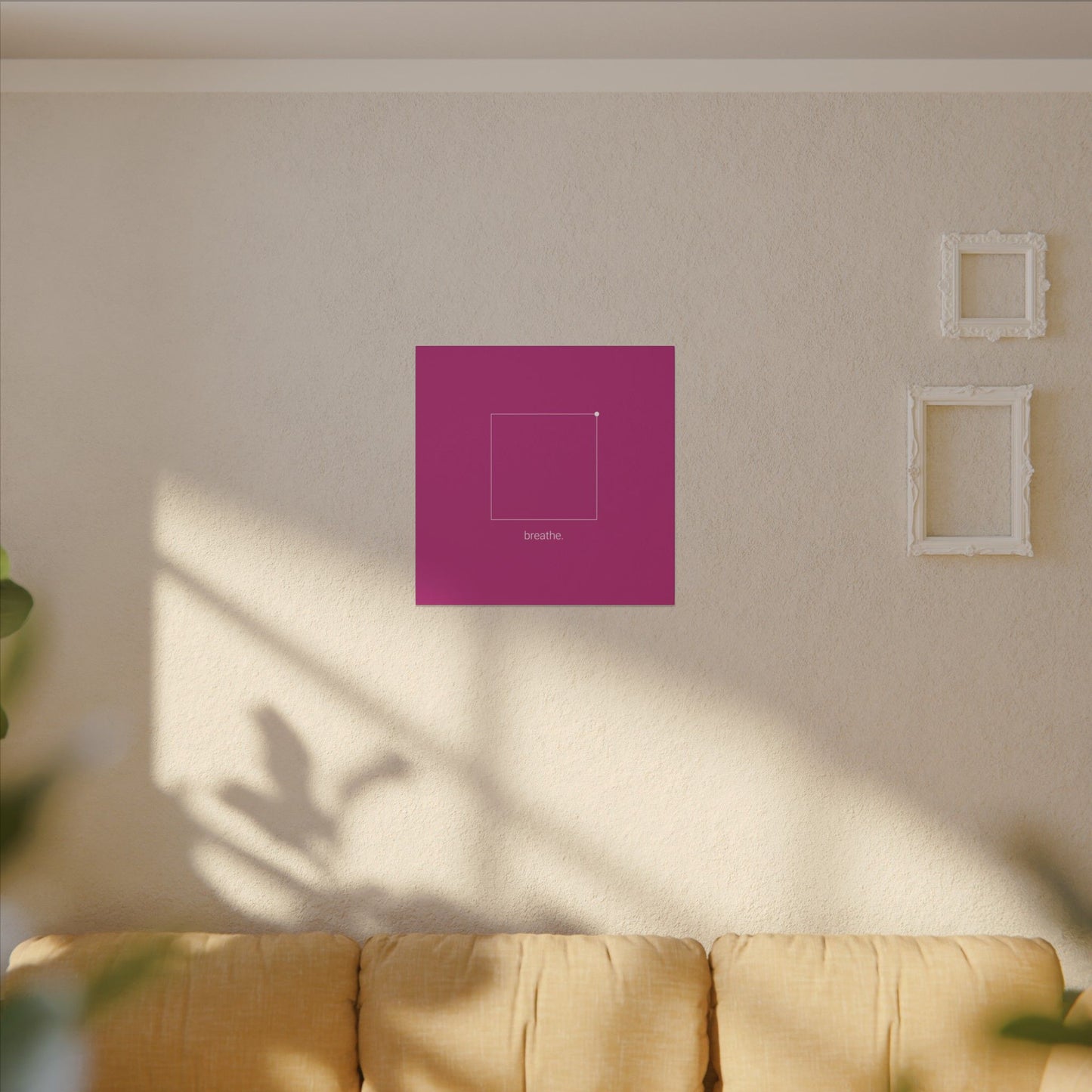 "breathe." — Calm Mind Box Breathing Canvas Wall Art — Magenta Square Meditation Print