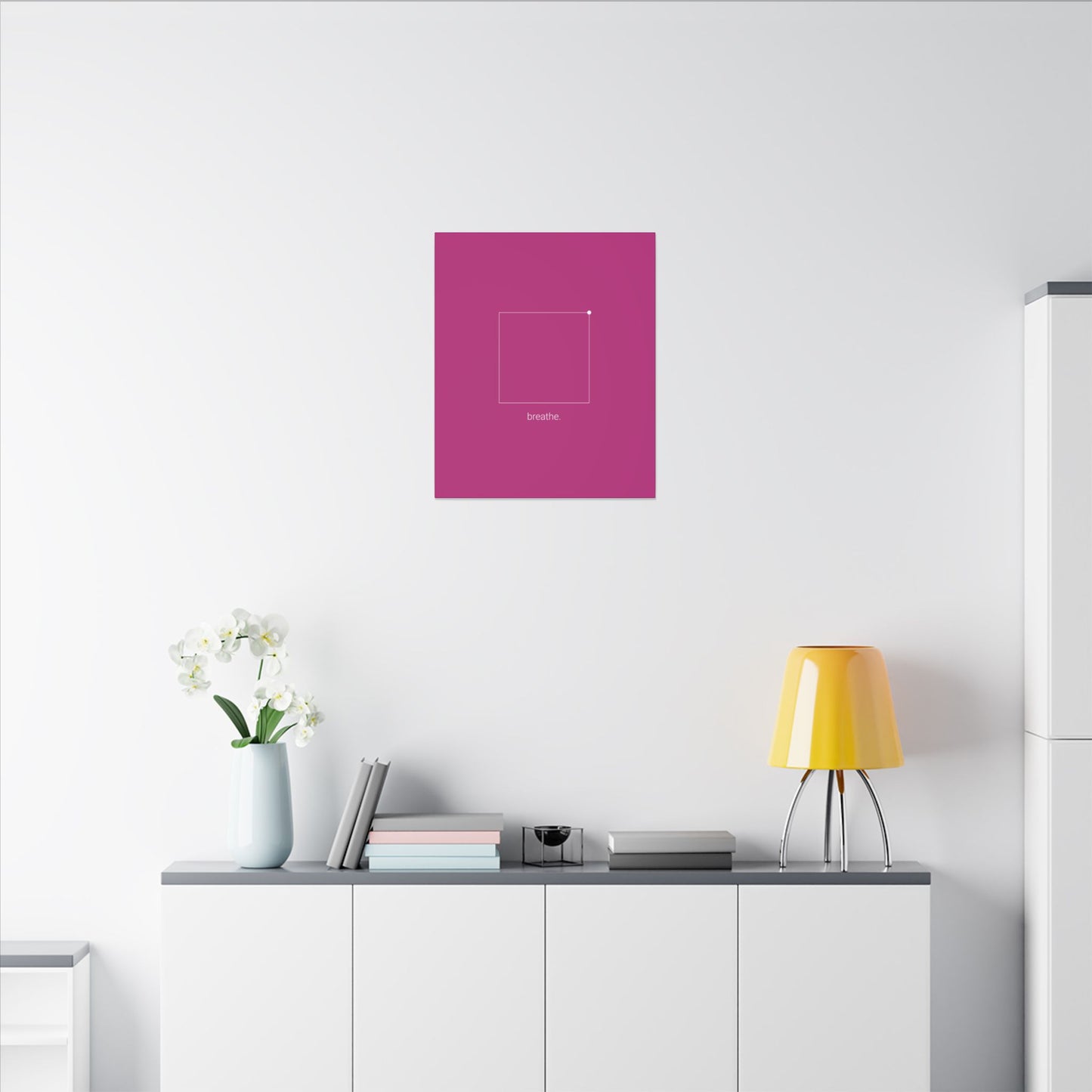 "breathe." — Calm Mind Box Breathing Canvas Wall Art — Magenta Square Meditation Print