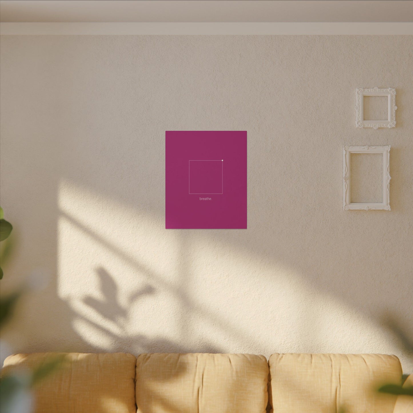 "breathe." — Calm Mind Box Breathing Canvas Wall Art — Magenta Square Meditation Print