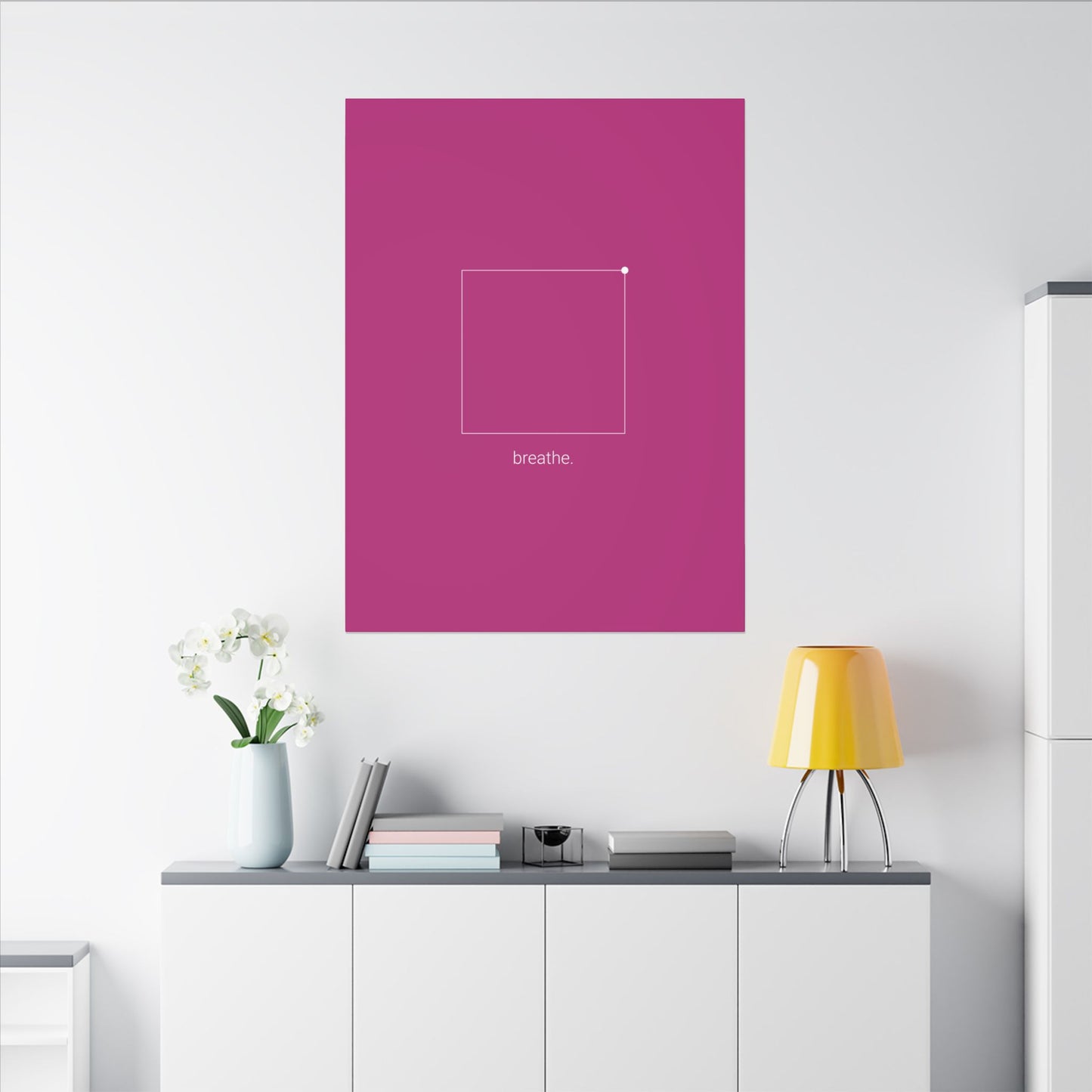 "breathe." — Calm Mind Box Breathing Canvas Wall Art — Magenta Square Meditation Print