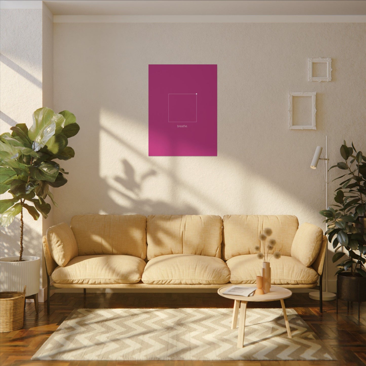 "breathe." — Calm Mind Box Breathing Canvas Wall Art — Magenta Square Meditation Print
