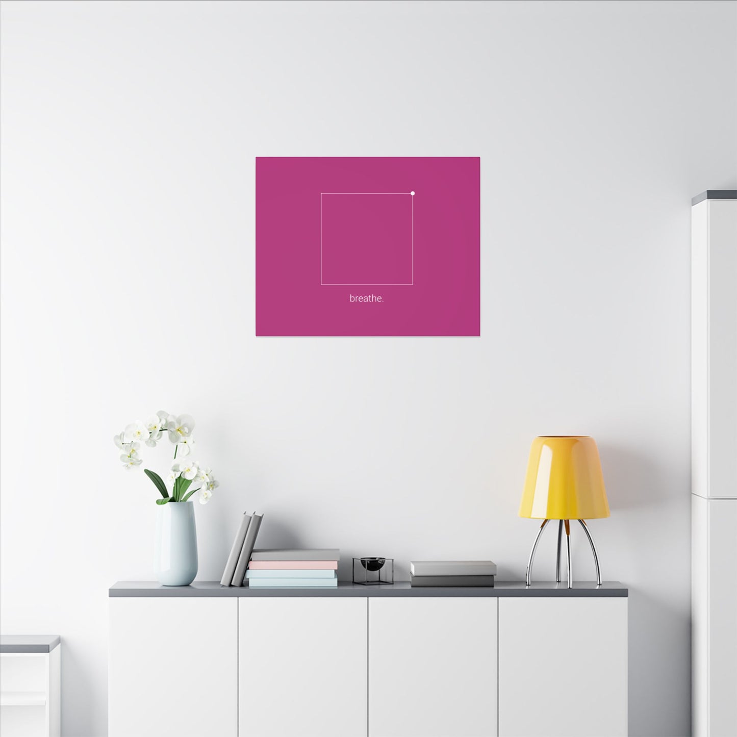 "breathe." — Calm Mind Box Breathing Canvas Wall Art — Magenta Square Meditation Print