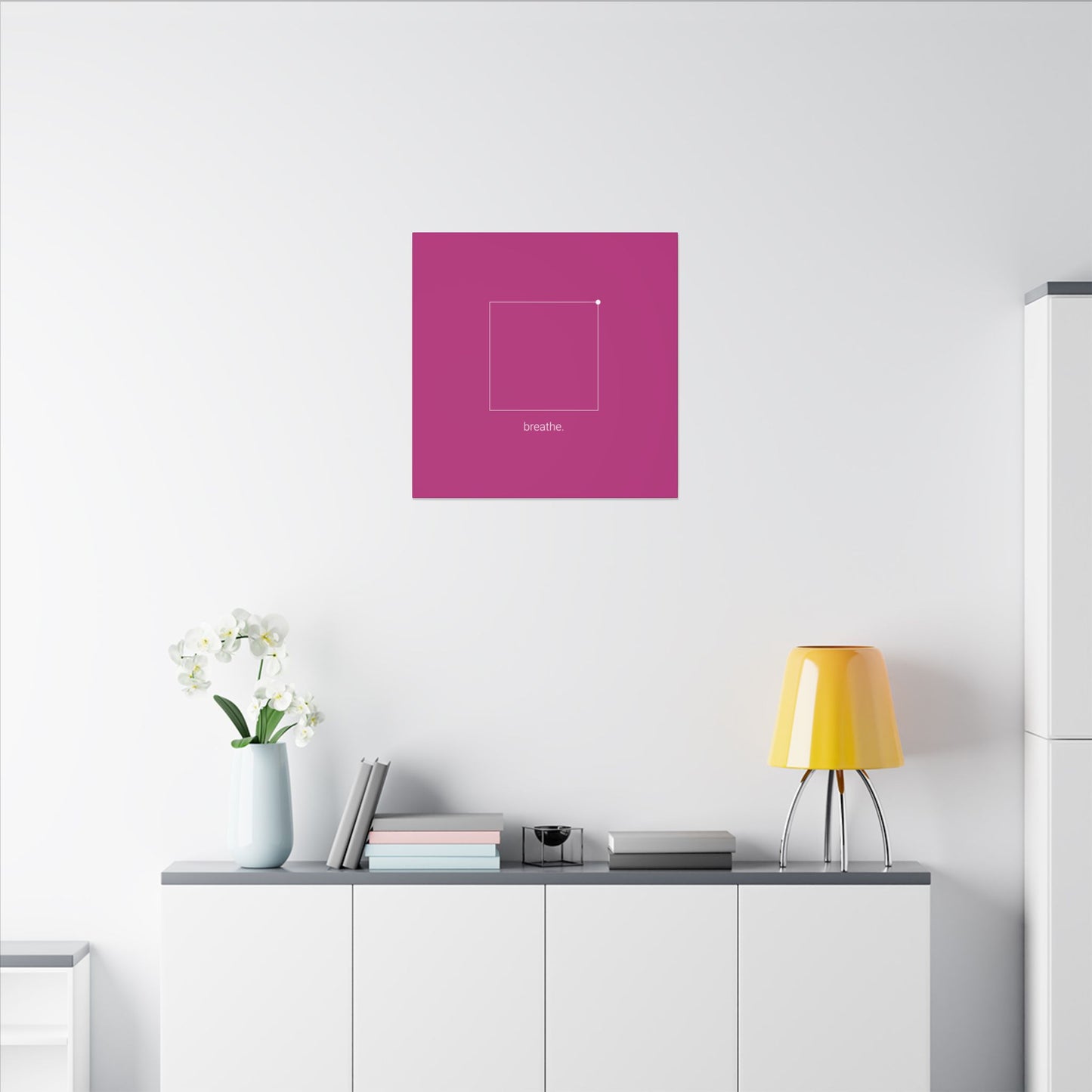 "breathe." — Calm Mind Box Breathing Canvas Wall Art — Magenta Square Meditation Print