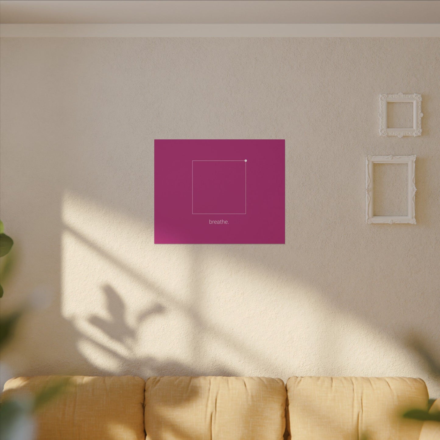 "breathe." — Calm Mind Box Breathing Canvas Wall Art — Magenta Square Meditation Print
