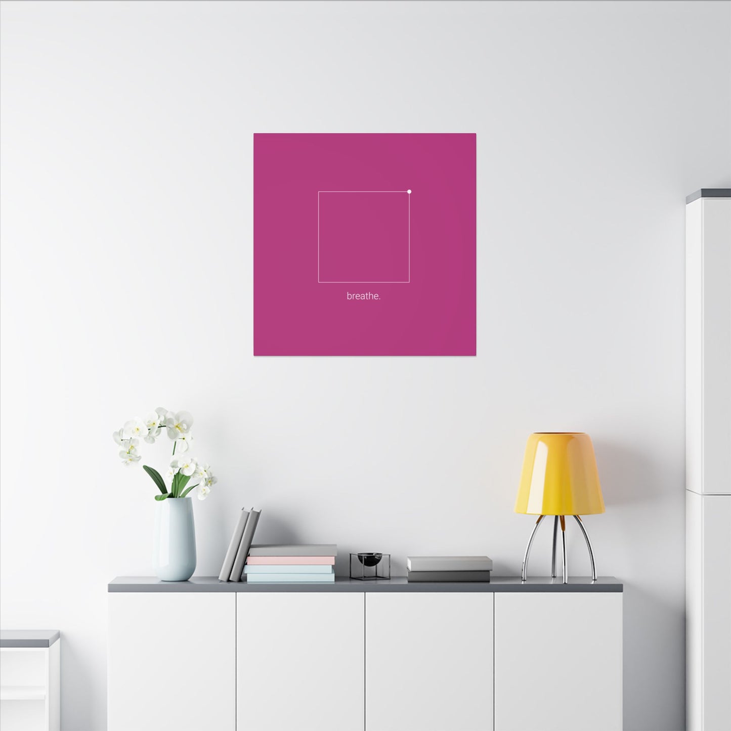 "breathe." — Calm Mind Box Breathing Canvas Wall Art — Magenta Square Meditation Print
