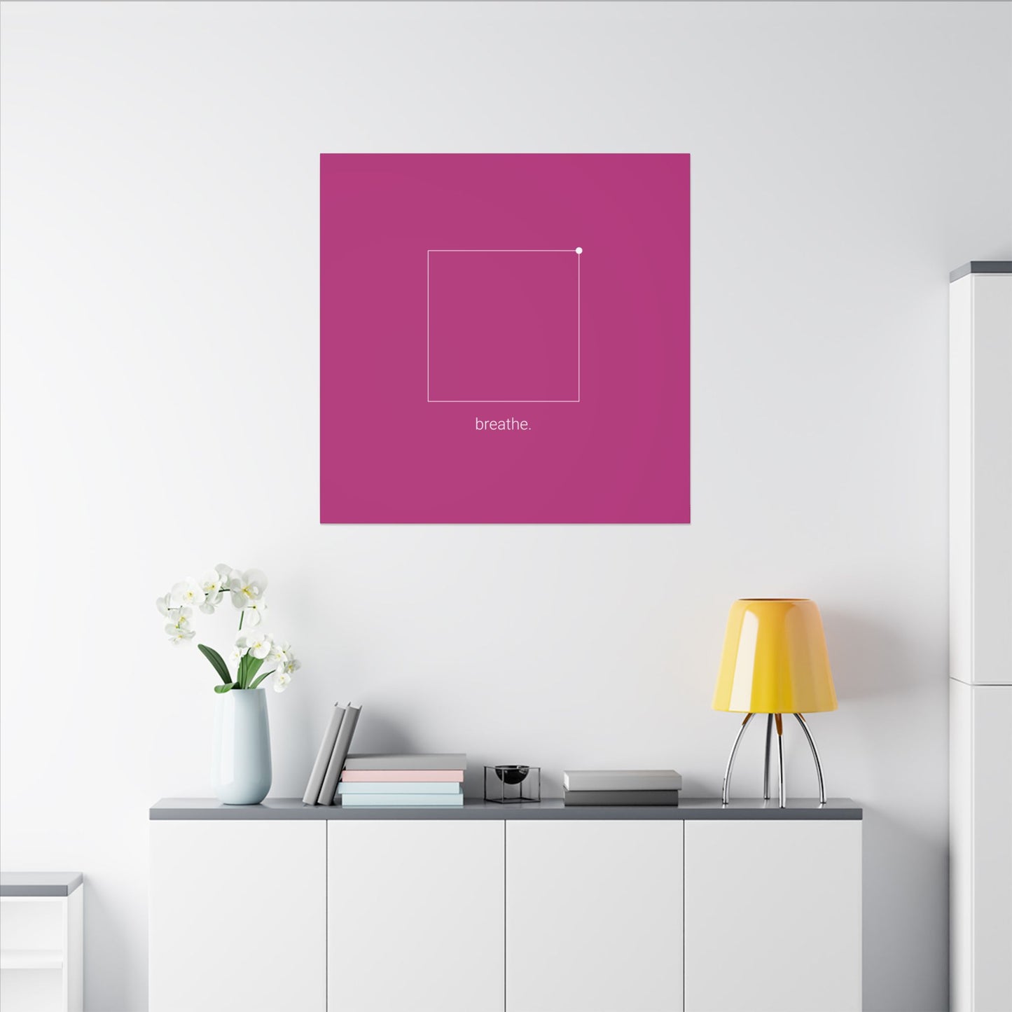 "breathe." — Calm Mind Box Breathing Canvas Wall Art — Magenta Square Meditation Print