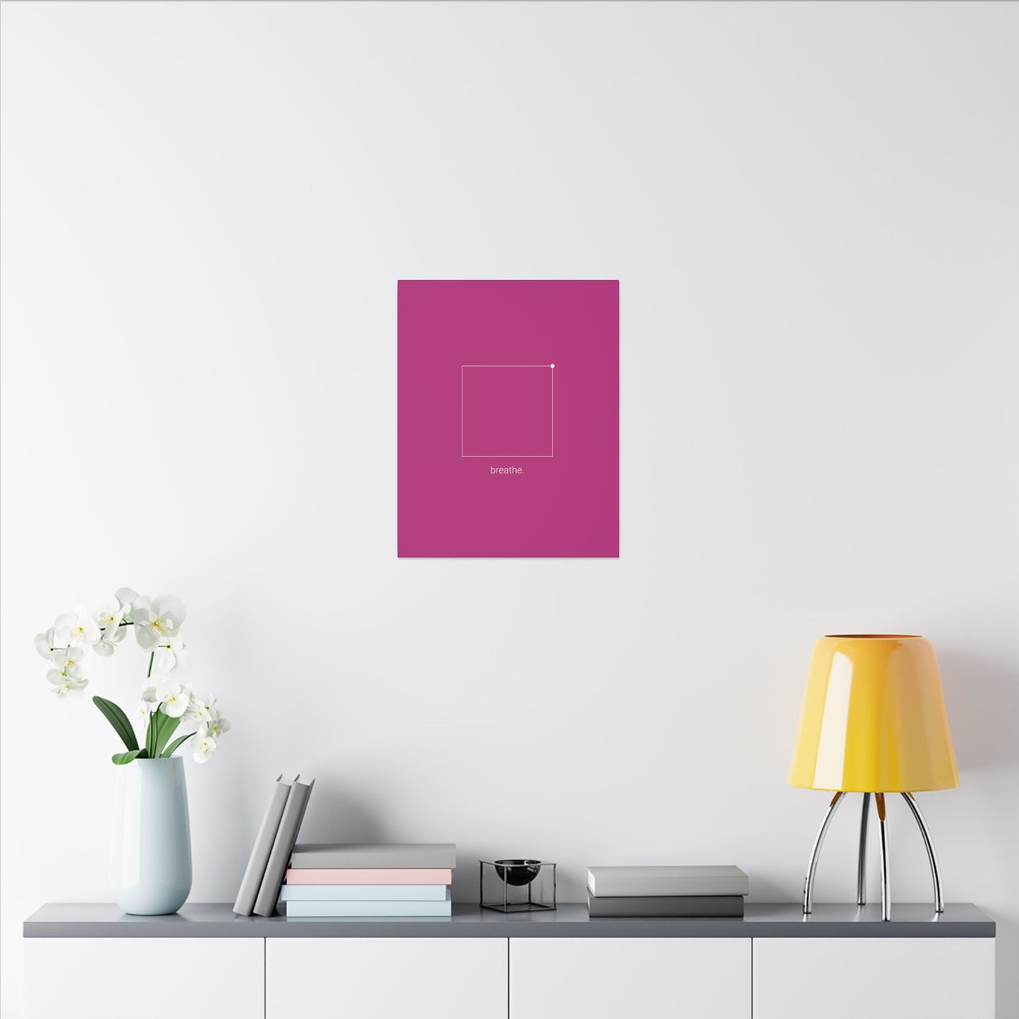 "breathe." — Calm Mind Box Breathing Canvas Wall Art — Magenta Square Meditation Print